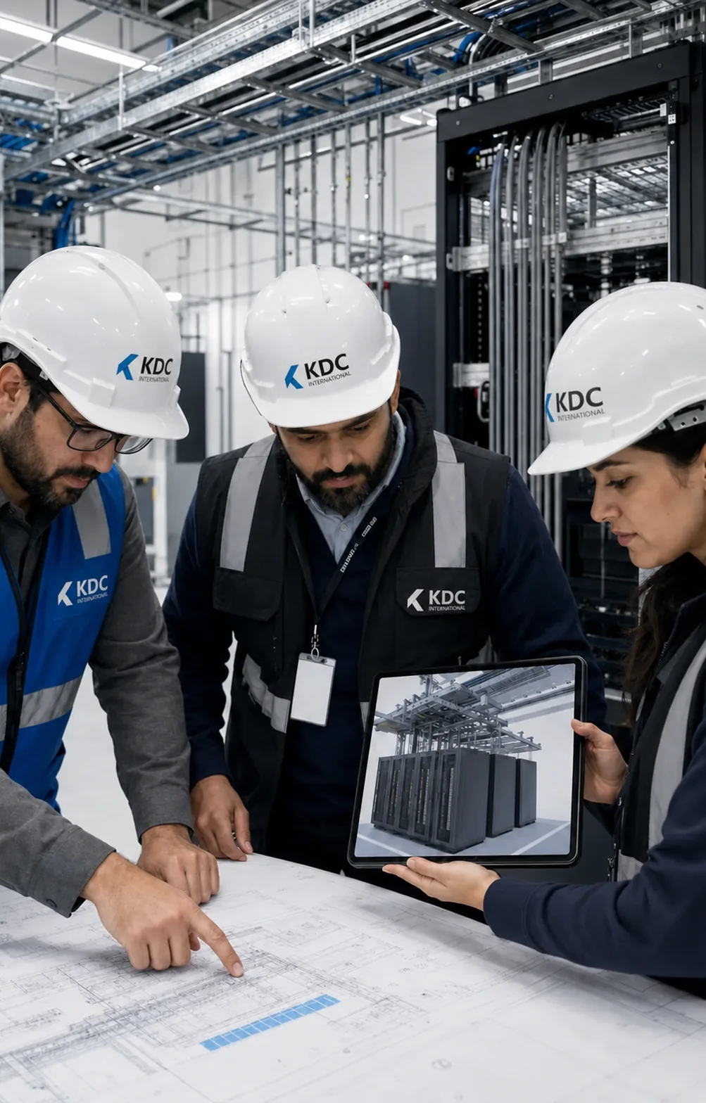 Two reviewers examining engineering evidence beside a mission-critical data center