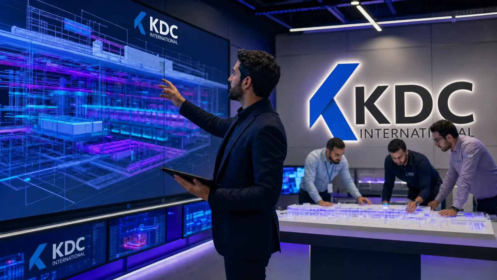 Digital engineering coordinator reviewing a federated KDC data-center model in an immersive studio