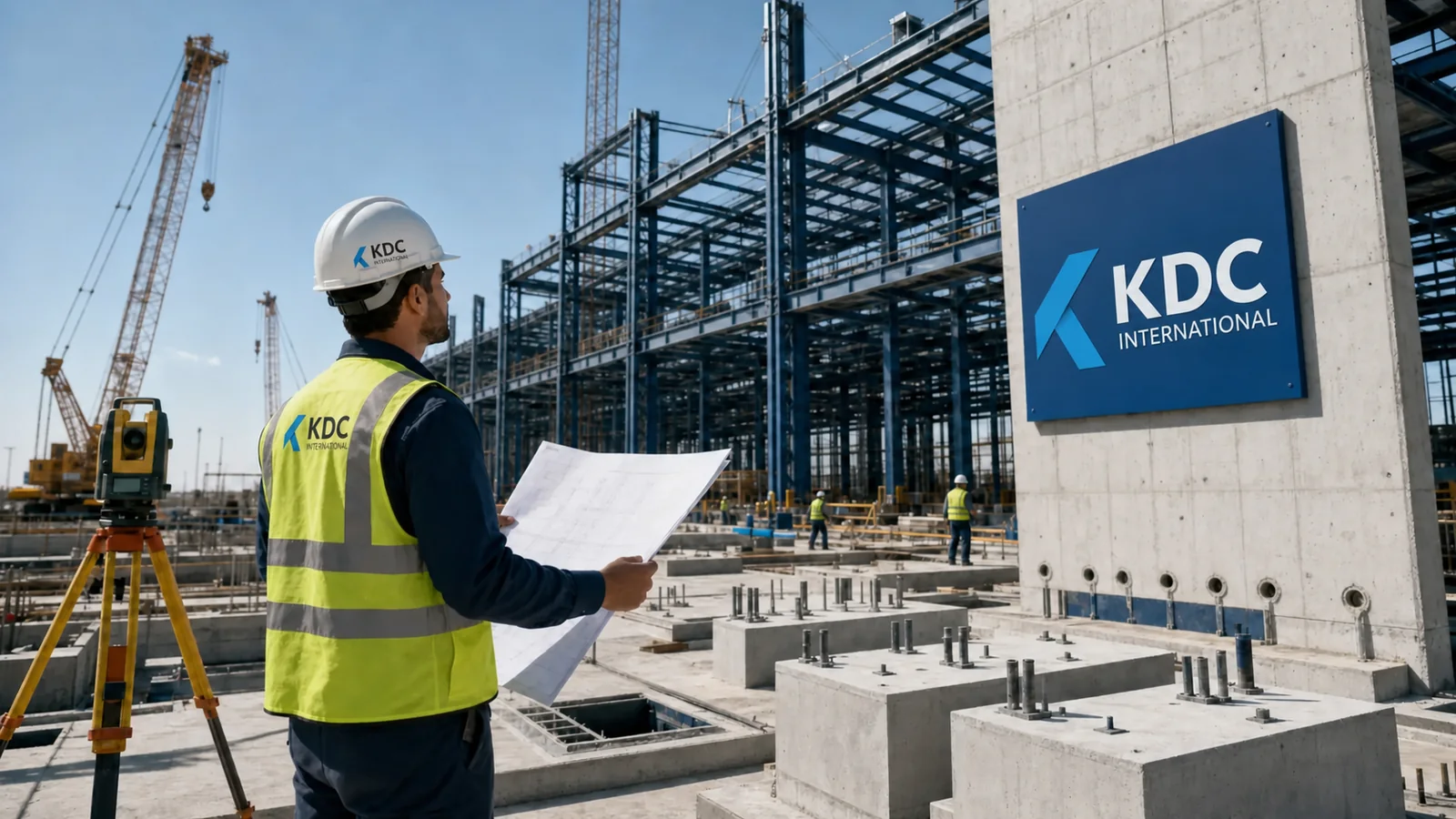 Civil and structural engineer inspecting the KDC-branded frame of a data-center construction site
