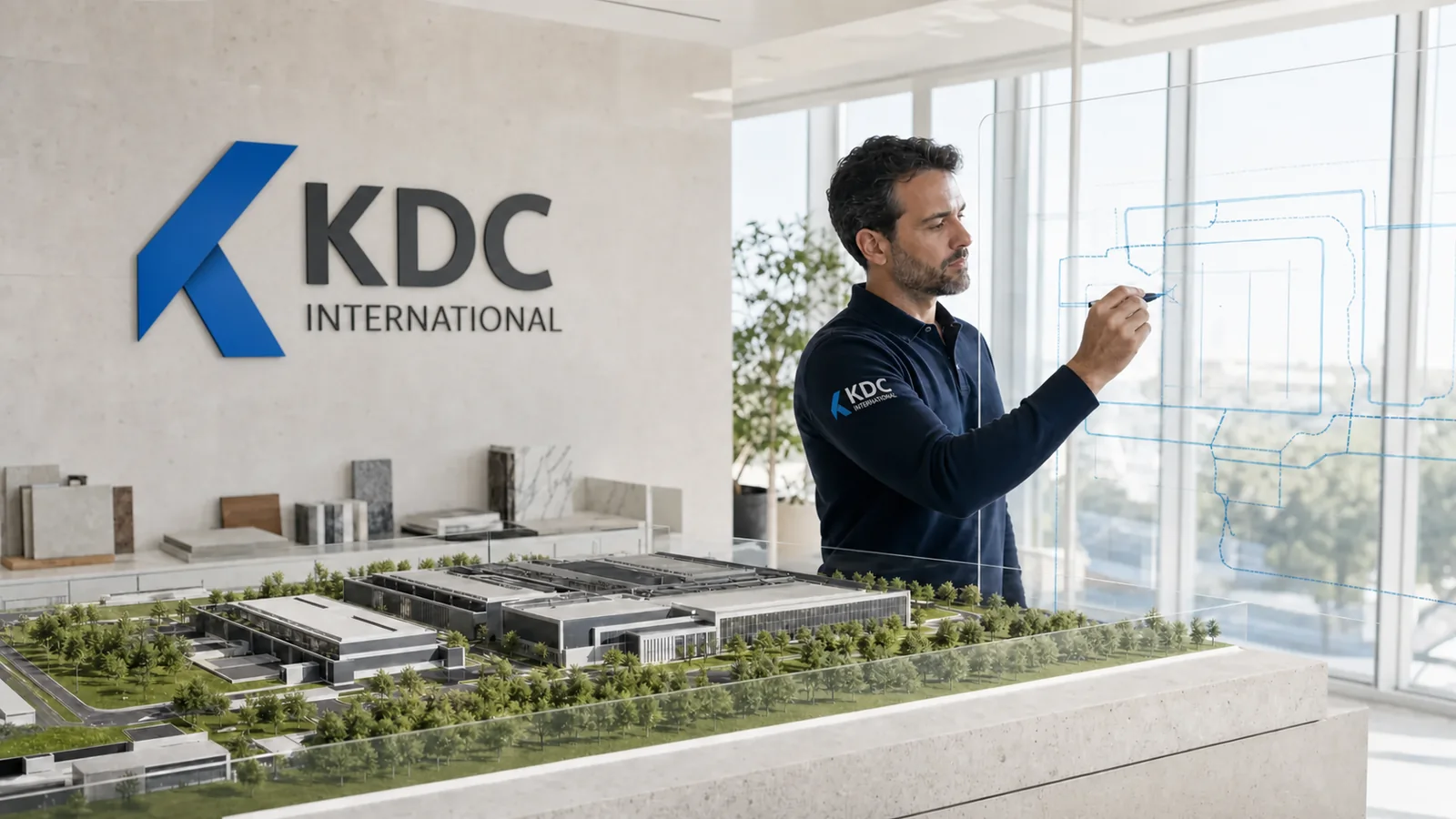 Data-center architect planning a KDC campus around a physical model and transparent circulation study