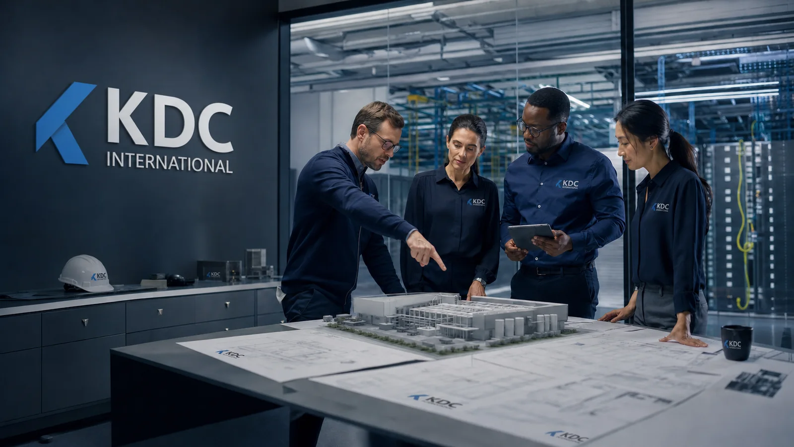 Project controls team interpreting delivery signals inside a KDC-branded command room