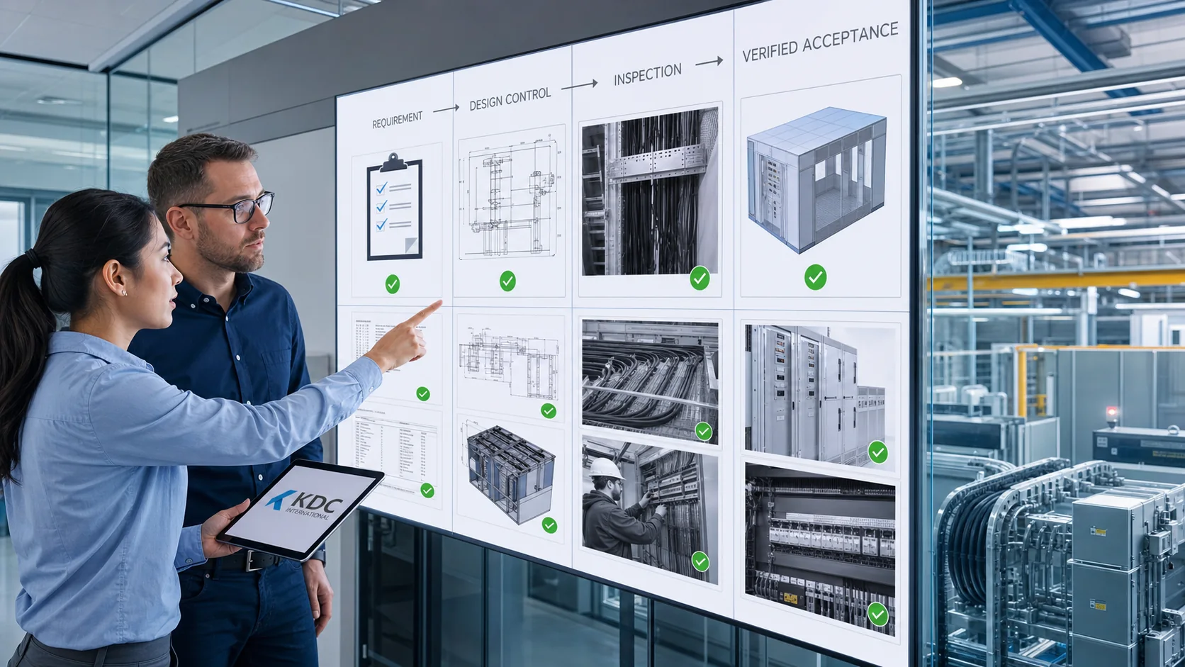 Engineers reviewing technical requirements and inspection evidence against installed infrastructure