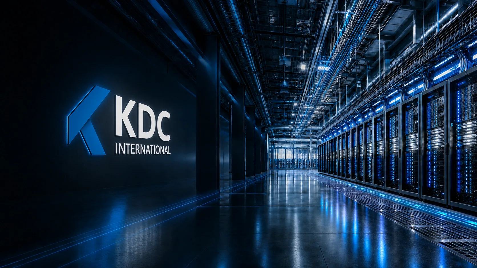 A KDC-branded high-density data hall illuminated in blue