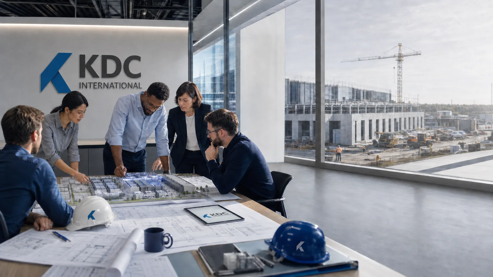 Engineers collaborating in a KDC-branded studio beside a data-center construction site