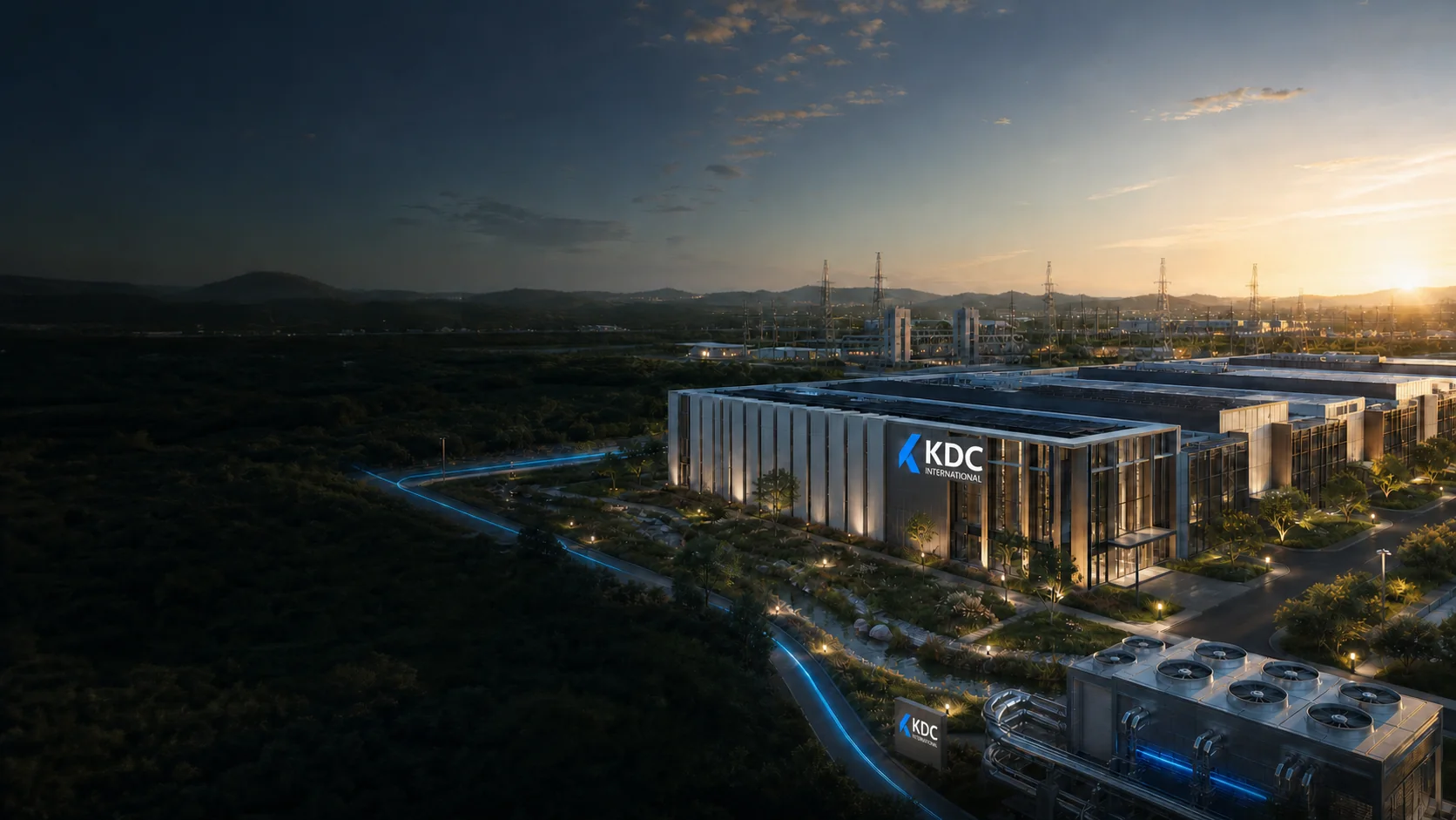 A KDC-branded sustainable data-center campus integrated with landscape and energy infrastructure