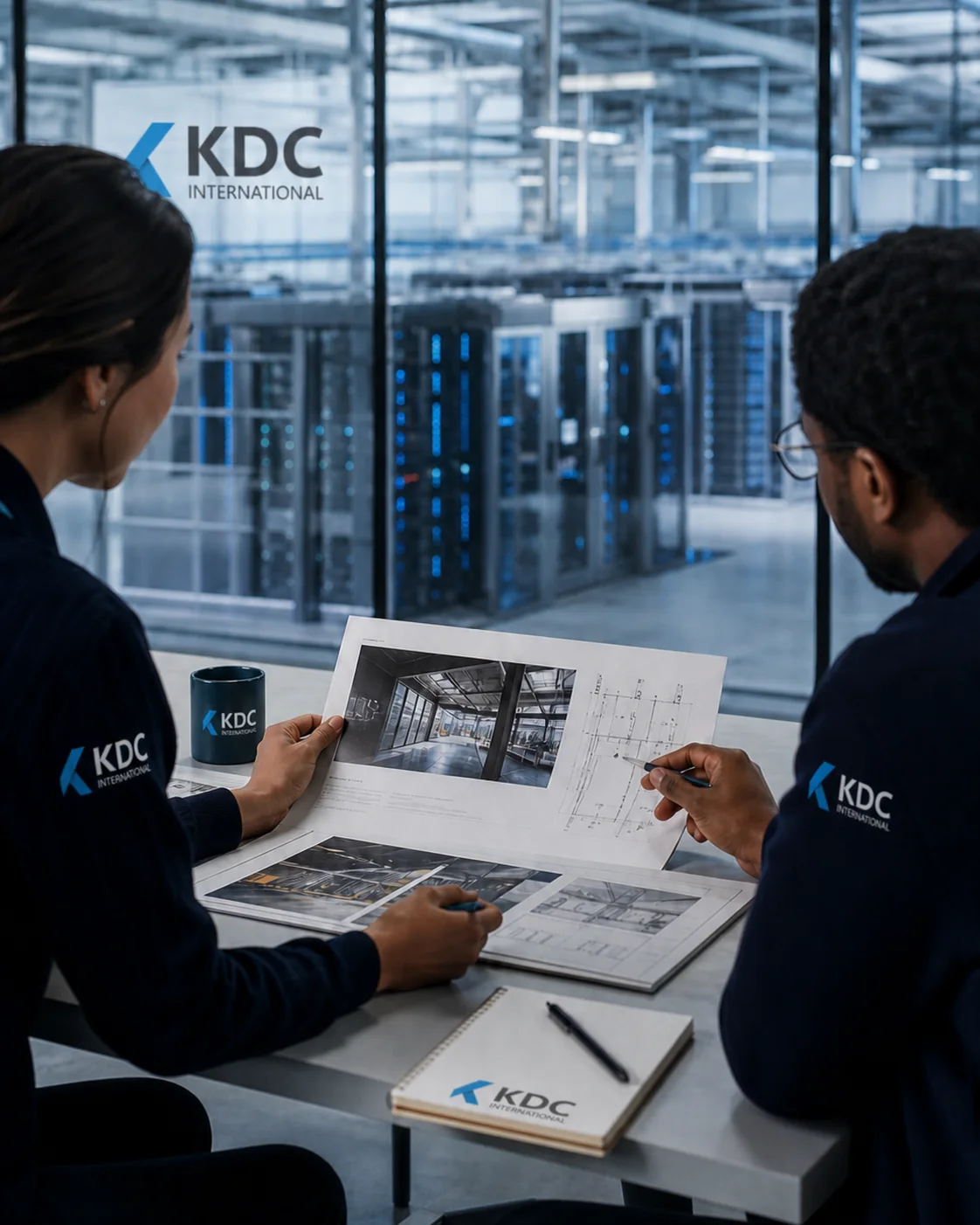 KDC engineers coordinating architecture, power, cooling and operational evidence beside a live data hall